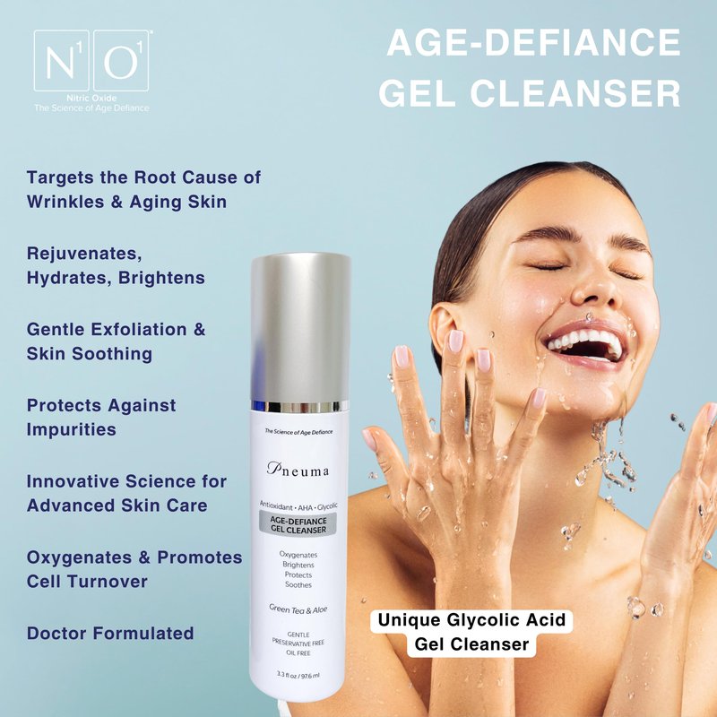 Pneuma Age-Defiance Gel Cleanser with Antioxidant | AHA | Glycolic | Oxygenate, Exfoliate, Protect and Soothes Skin | Gentle Face Cleanser Gel | Green Tea and Aloe