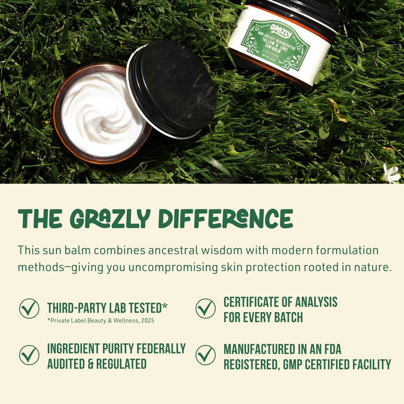 Grazly Beef Tallow Sunscreen SPF 35 – Unscented Water Resistant Zinc Sun Balm, Non-Greasy Natural Sunscreen for Face & Body – 4 Natural Ingredients: Non-Nano Zinc, Organic Coconut Oil, Beeswax- 1.8 oz