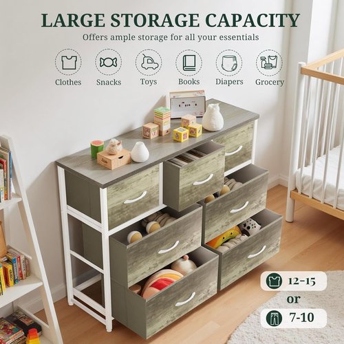 Greige Oak 7-Drawer Dresser by [Brand Name] - Anti-Tip Storage Organizer for Bedroom & Living Room