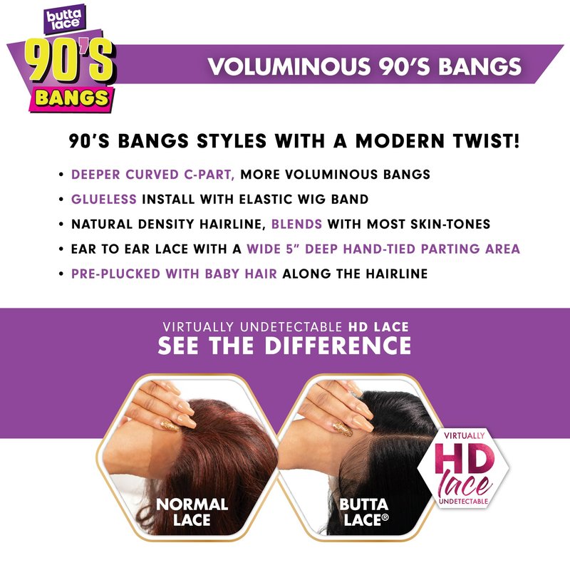 Sensationnel Butta Lace 90Sbangs Wigs - Unit 911 Glueless Wide Deep Part Synthetic Preplucked Hairline (1 JETBLACK)