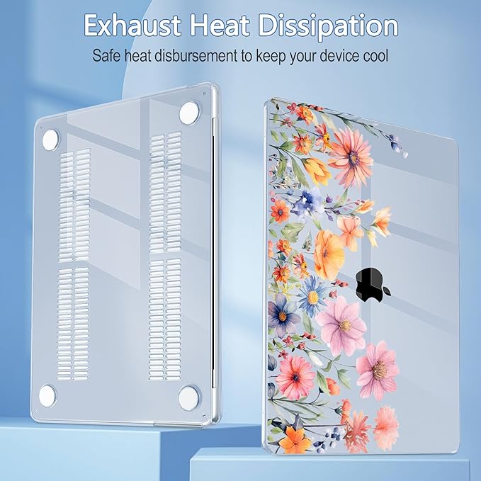Mektron Case for 2026 MacBook Air 15 INCH M5 A3448 Compatible with M4 A3241 /M3 A3114 /M2 A2941 Printed Plastic Hard Shell Cover with 15.3" Liquid Retina Display Touch ID- Floral P165-Blue