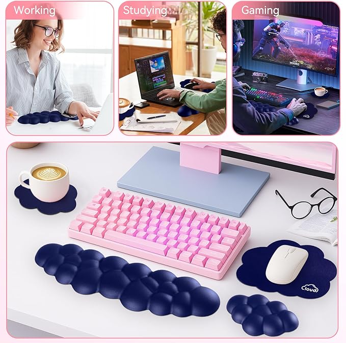 Sushret Cloud Wrist Rest for Computer Keyboard, 4-in-1 Memory Foam Leather Cloud Keyboard Wrist Rest and Mouse Pad Set with Ergonomic Support for Arm and Palm Cushion, Gaming/Work Setup, Dark Blue