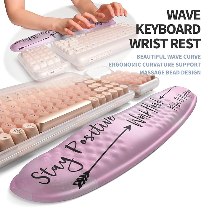 Gleamtide 2-in-1 Ergonomic Set, Wave Keyboard Wrist Rest and Massage Slope Mouse Pad Wrist Support, Rebound Memory Foam for Relieve Carpal Tunnel Syndrome and Wrist Pain (Stay Positive)