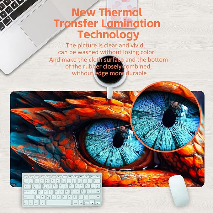 KOAIWPAE Large Gaming Mouse Pad for Desk, Dragon Blue Eyes Desk Mat, Dragon Eyes Desk Pad, 31.5"x15.7" Extended Big Computer Keyboard Mouse Pad with Non-Slip Base and Stitched Edge