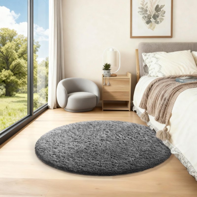 Ophanie Round Rug 2Ft Grey Circle Area Rug, Fluffy Fuzzy Bedroom Carpet, Plush Soft Shaggy Indoor Floor Gray Living Room Rugs for Kids Home Decor Aesthetic, Nursery