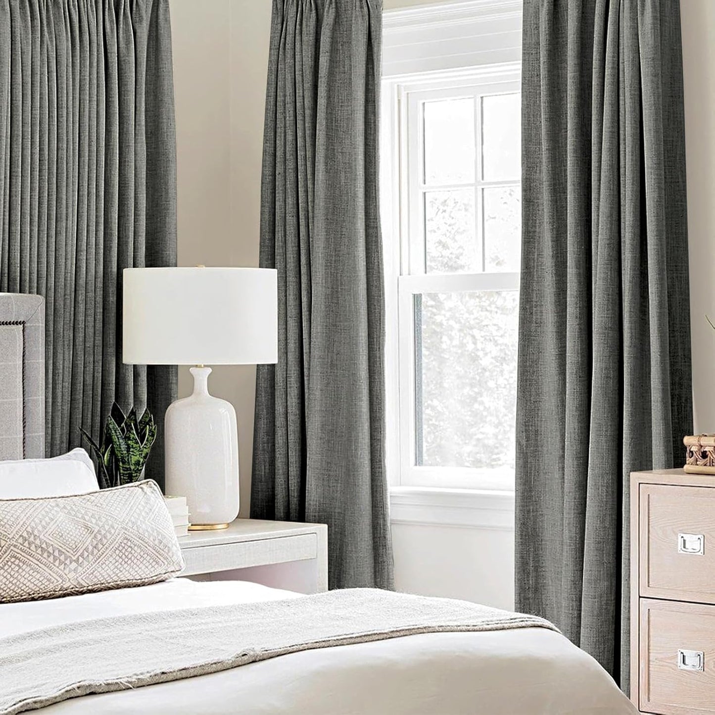 MIULEE Linen Blackout Curtains - 100% Room Darkening Thermal Insulated Grommet Panels | Dark Grey, 42" x 90" (2 PCs)