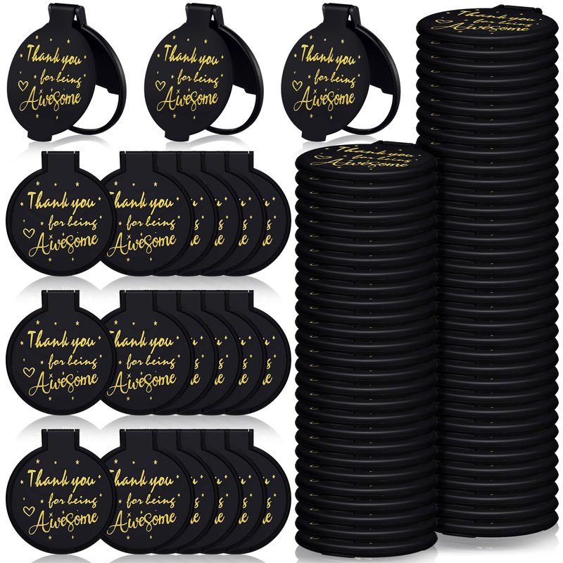 Huwena 100 Pcs Inspirational Compact Mirror Bulk Mini Gifts Women Round Purse Pocket Mirror, Mothers Day Employee Appreciation Gifts, Wedding Party Favors for Guests(Black,Thank)
