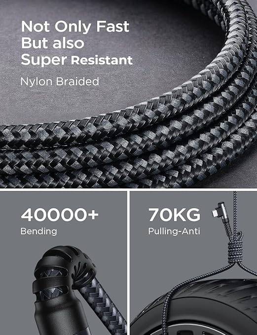 AINOPE USB to USB C Cable [2-Pack, 6.6ft] 3.1A Fast Charger Type C Right Angle, Resistant Nylon Braided C Type Charging Cable Compatible with Galaxy S10 S9 Plus S21, Note 10 9 LG, Type C Charger