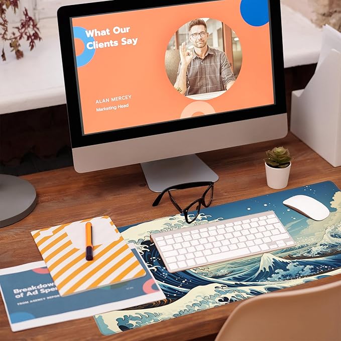 Eflxamz Desk Mat,Blue Japanese Sea Wave Desk Pad,Japanese Sea Wave Large Gaming Mouse Pad for Desk,Extended Big Computer Keyboard Mouse Pad with Non-Slip Base and Stitched Edge,31.5"x11.8"