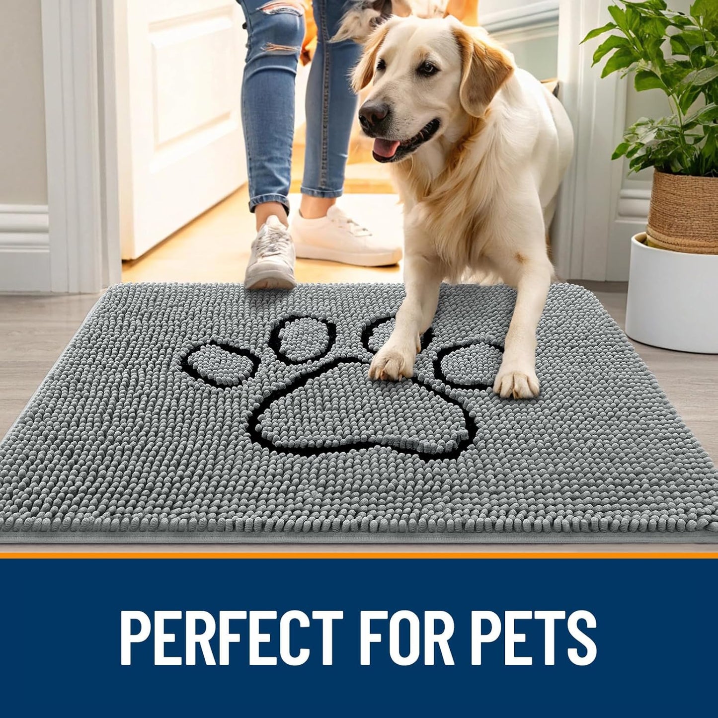 OLANLY Dog Door Mat - Absorbent Non-Slip Mud Mat for Paws | 34x21 Inches, Grey, Quick Dry Chenille