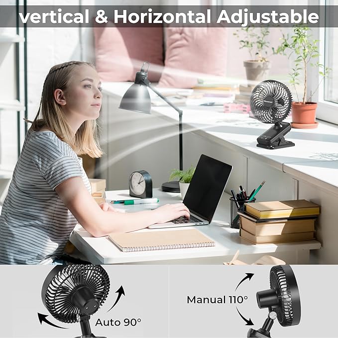 10000mAh Clip On Fan, 42H Run, Quiet & Auto Oscillating Table Fan, Rechargeable 4 Powerful Speeds, Battery Operated Desk Fan for Camping Outdoor Travel RV Home Bedroom Office Co-Branded with AMACOOL