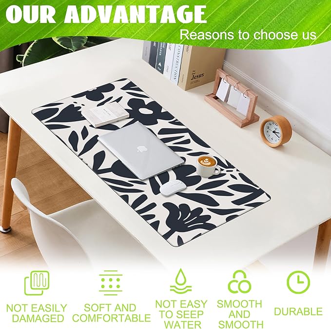 Eflxamz Desk Pad,Hand Drawn Leaves and Flowers Desk Mat,Abstract Plant Large Gaming Mouse Pad for Desk,Extended Big Computer Keyboard Mouse Pad with Non-Slip Base and Stitched Edge,35.4"x15.7"