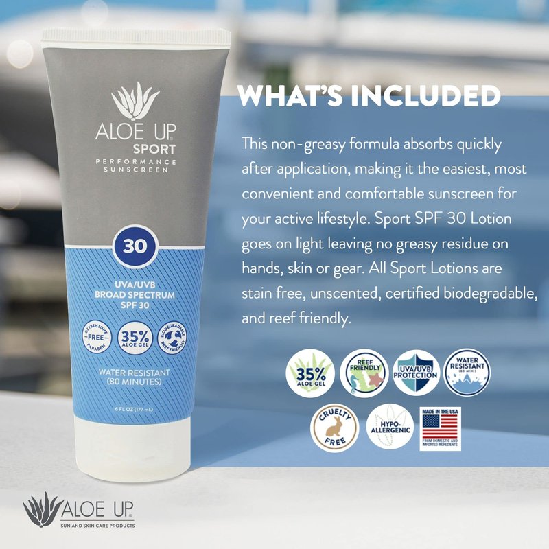 Aloe Up Sport Sunscreen Body Lotion SPF 30 – Broad Spectrum Sunblock with Hydrating Aloe Vera Gel – Non Greasy, No White Cast, Reef Friendly, Fragrance Free –