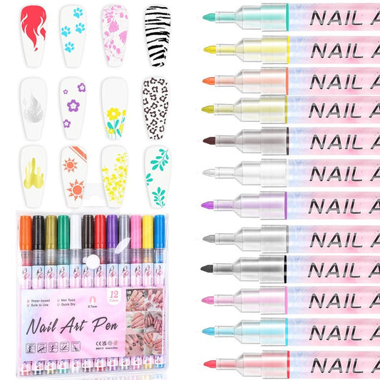 ASTONFOG 12PCS Nail Art Pens Set, 3D Nail Art Markers Nail Polish Pens for Painting Nails Art Macaron Color Manicure Fingernail Polish Pens for Women Home & Salon DIY (0.7)