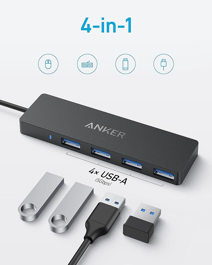 Anker USB C Hub 4 Ports, Multiple USB 3.0 Hub with 5Gbps Data Transfer, Extender for Type C Port Laptop, PC, Desktop and More (0.7 ft USB-C Connector, Charging Not Supported)