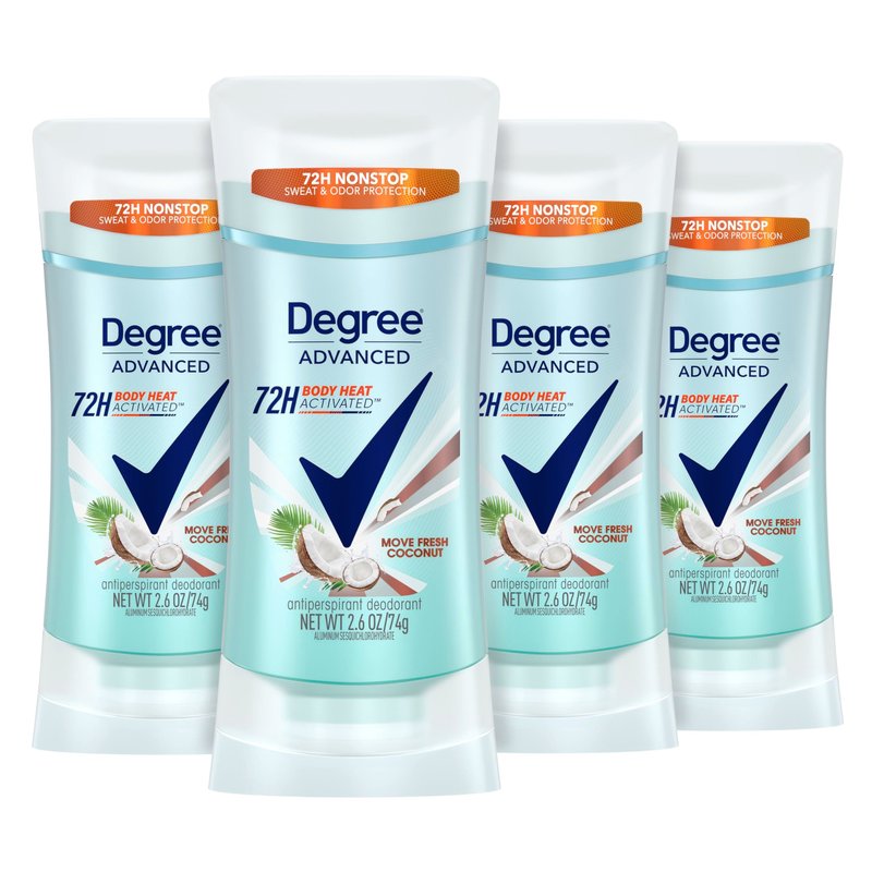Degree Advanced Antiperspirant Deodorant Move Fresh Coconut 4 Count 72-Hour Sweat & Odor Protection Antiperspirant for Women with MotionSense Technology 2.6 oz