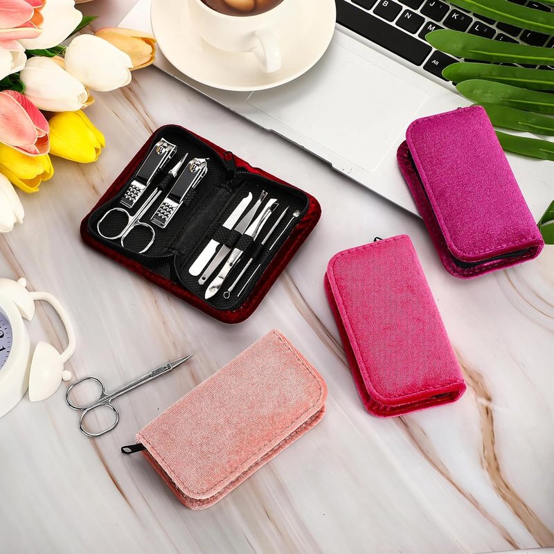 Mini Manicure Set - 24 Sets Nail Grooming Kit for Men & Women | Luxurious Travel Case, Stainless Steel, 8-in-1 (Red)