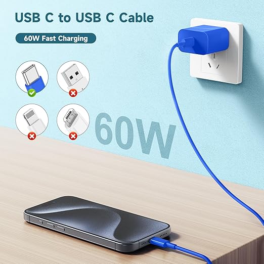 60W USB C to C Cable [3Pack] iPhone 17Air 16e 15 Fast Charging Cable,6ft Long USB-C to USBC Power Cord for iPhone 17/16/15 Pro Plus Pro Max, MacBook Pro Air/IPad/iPad Pro 12.9/11,AirPods 4(Blue)