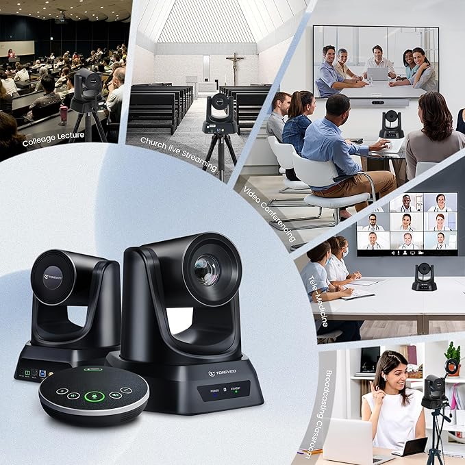 TONGVEO Wireless AI PTZ 20X Camera System with Auto Tracking Built-in Receiver & Bluetooth Speakerphone, 5.8GHz 1080P 60fps Conference Camera for Church Zoom, OBS Meetings