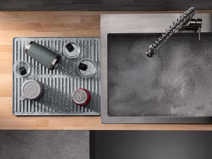 WeatherTech DishMat Contain - 16" x 18" Drip Dry Hand-Washed Dish Drying Mat, Pebble