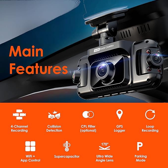 RexingUSA R4-4 Channel Dash Cam W/All Around 1080p Resolution, Wi-Fi, GPS, IR Night Vision, Parking Mode, Collision Detection, Type-C Port