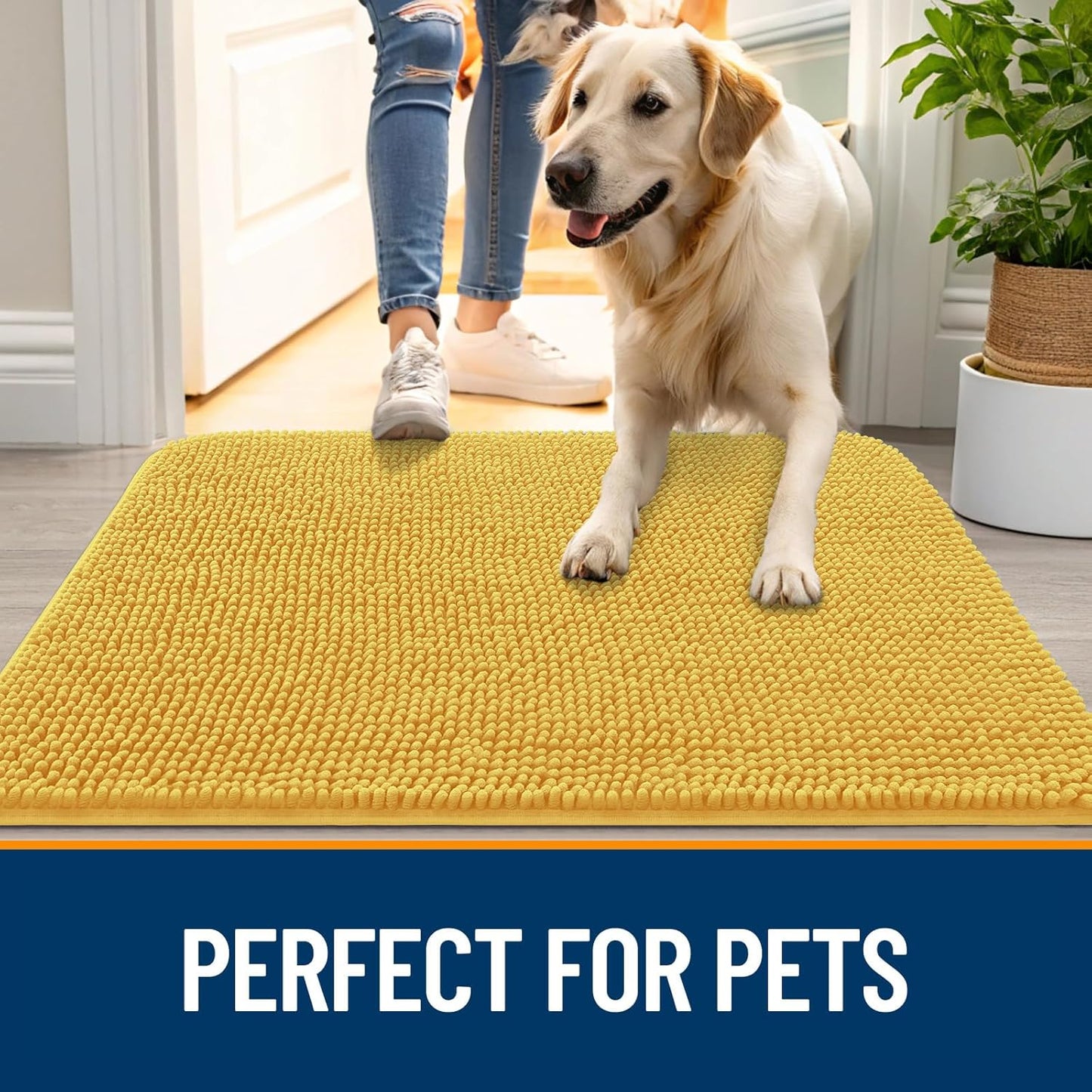 OLANLY Dog Door Mat - Absorbent Non-Slip Chenille for Muddy Paws | 59x35 Inches, Quick Dry, Yellow