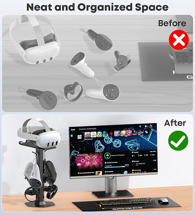 Kosker Headphone & Controller Stand with VR Holder Stand for Desk, Universal VR2 Gaming Headset Stand for PS5/Xbox/PSVR2/Meta Quest, Controller/VR Storage with Cable Organizer, Sega Genesis Consoles