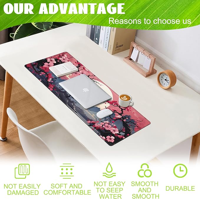 Eflxamz Pink Cherry Blossom Tree Desk Pad, Mountains and Sun Large Gaming Mouse Mat, Extended Big Computer Keyboard Pad With Non-Slip Base and Stitched Edge, 31.5"x11.8"