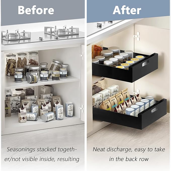 21'' Deep Pull Out Drawers for Cabinets, 10'' Wide Sturdy Carbon Steel Pull Out Cabinet Organizer Adhesive, Pantry Storage Shelves for Kitchen, Bathroom and Living Room