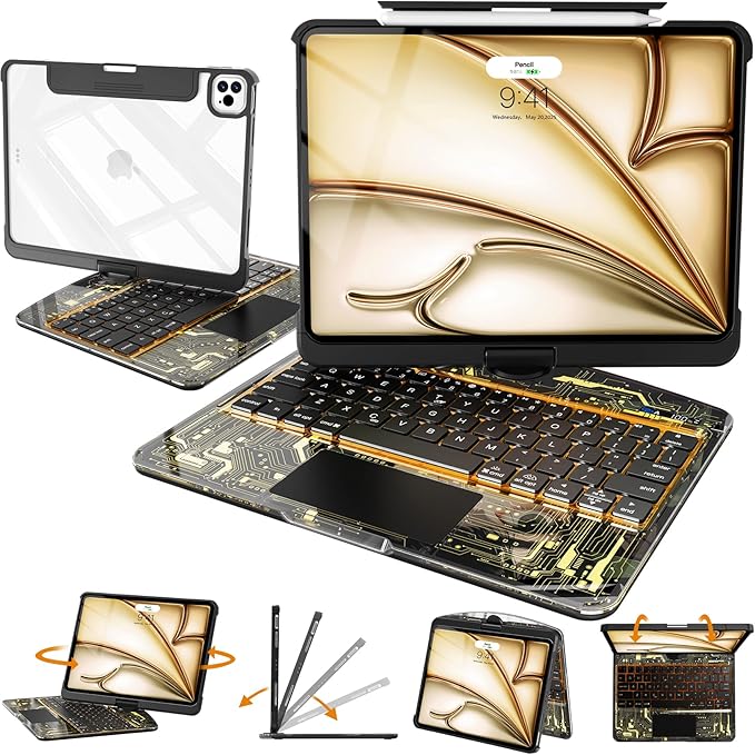 Intermerge Transparent Case with Keyboard for iPad Air 13"(M4/ M3/ M2, 2026/2025/ 2024) & Pro 12.9" (2022-2018) - 360° Swivel Multi-Touch Trackpad, 7-Color Backlit, Pencil Holder, Shadow Pulse