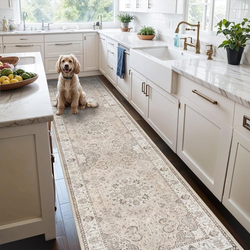 Hallway Washable Runner Rug - Vintage Soft Non-Slip Floor Mat for Kitchen & Entryway | 3x10 Beige