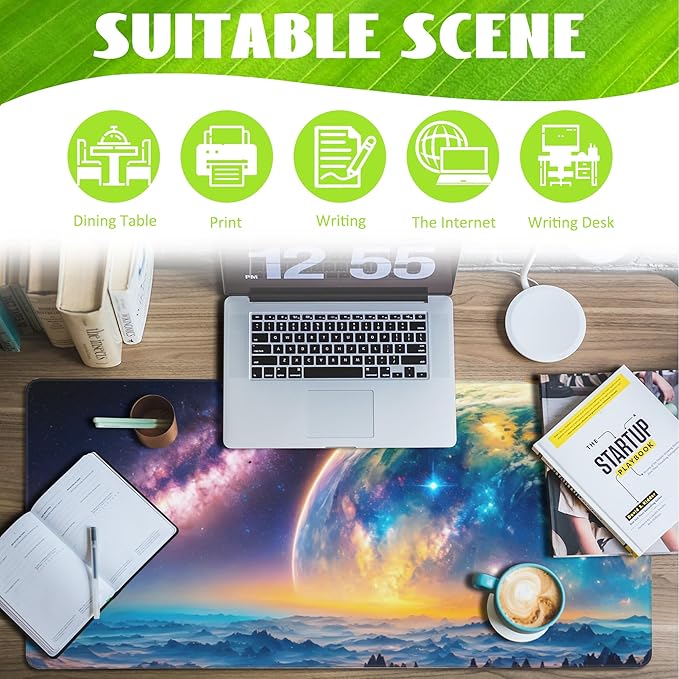 Eflxamz Desk Mat,Galaxy Earth Planet Desk Pad,Science Fiction Cosmic Large Gaming Mouse Pad for Desk,Extended Big Computer Keyboard Mouse Pad with Non-Slip Base and Stitched Edge,35.4"x15.7"