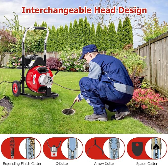 75Ft x 1/2Inch Drain Cleaner Machine, Portable Electric Drain Auger Cleaner with 6 Cutters & Gloves, Drain Cleaning Machine Fits 1" to 4" Pipes