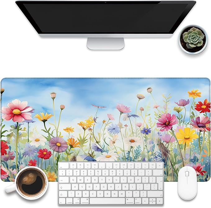 KOAIWPAE Large Gaming Mouse Pad, Colorful Wildflowers in Field Desk Mat, Watercolor Flowers Desk Pad, 31.5"x15.7" Extended Big Computer Keyboard Mouse Pad with Non-Slip Base and Stitched Edge