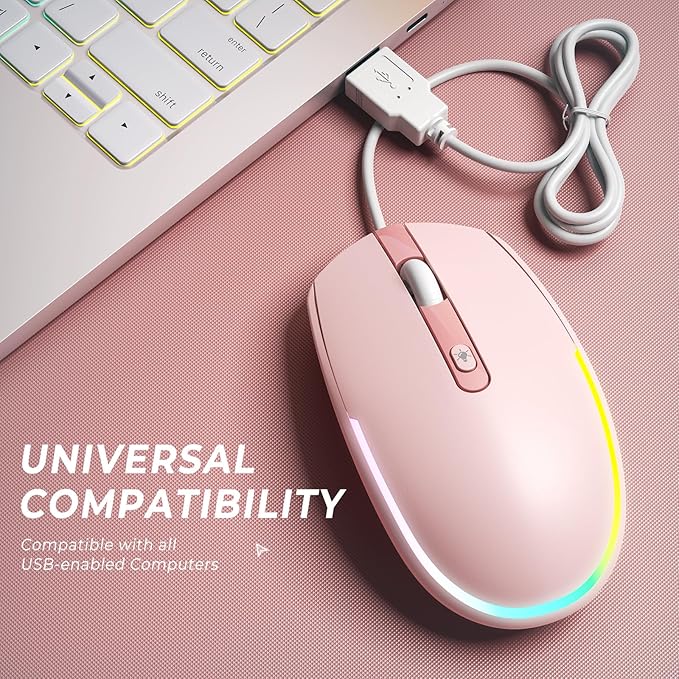 seenda Wired Mouse - USB Corded Mouse with Colorful RGB Backlit, Plug and Play, 1600 DPI Optical Tracking，Silent Computer Mouse for Laptop, PC, Chromebook, Desktop, Office, School, Home, Pink