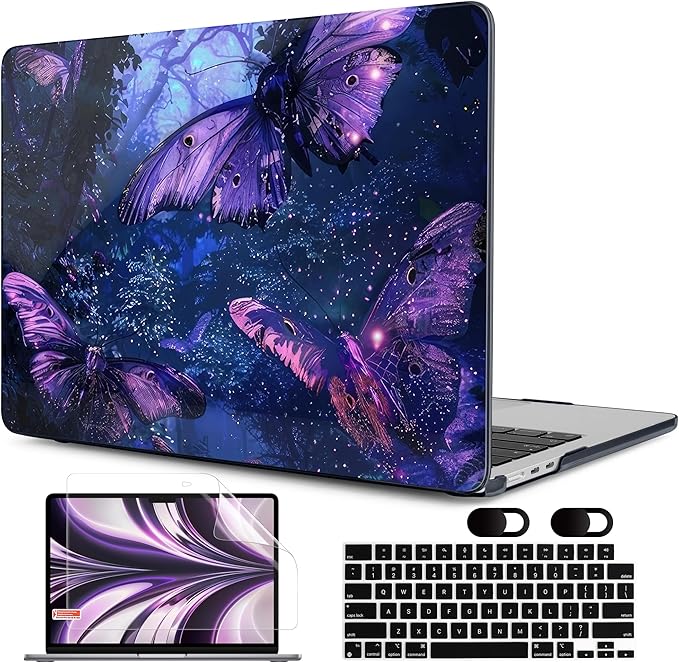 MEEgoodo Case for M5/M4/M3/M2 MacBook Air 13.6 inch Case 2026 2025 2024 2022, Fit Model A3449/A3240/A3113/A2681, Laptop Hard Shell Compatible with MacBook Air 13 inch, Purple & Blue Butterflies
