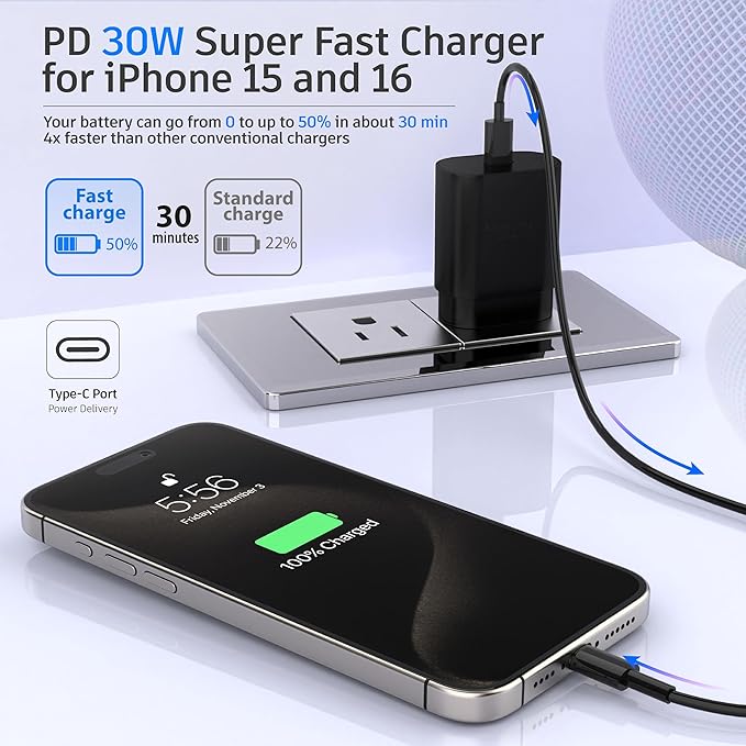 TT&C 2-Pack 30W USB C Charger Set (2X Mini Wall Blocks + 2X 10ft Extra Long Cables), Power PD3.0 Fast Charging Compatible with iPhone 17, 17 Air, 16, 15, iPad Pro, for Samsung Galaxy S25, S24, Black