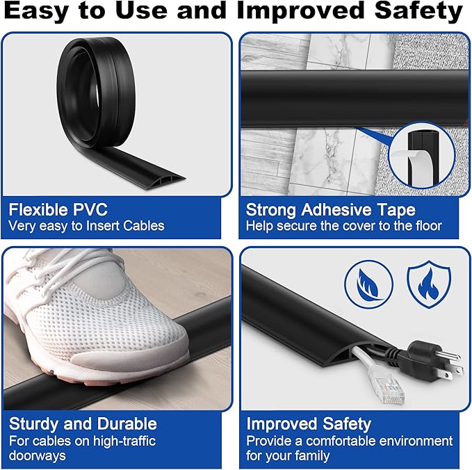LZEOY 6ft Cord Covers - Grey Floor Cable Management, Hide Cord Cover, Electrical Cable Hider - Cavity: 0.78" W x 0.32" H