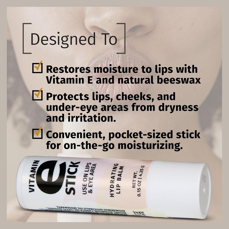 Reviva Labs Vitamin E Stick - Hydrating Lip Balm for Chapped Lips | Moisturizing Beeswax & Shea Butter - Pack of 12