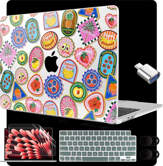 MEEgoodo for M5/M4/M3/M2 MacBook Air 15 inch Case 2026 2025 2024 2023, Case Fit Model (A3448/A3241/A3114/A2941) for MacBook Air 15.3 inch, Fruit & Sticker
