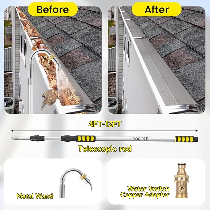 Gutter Cleaning Tools from Ground, 12FT Telescoping Pole (20FT Reach) - Heavy-Duty Zinc Alloy Head, 360Â° Spray Nozzle & Leak-Proof Kit, No Ladder Needed for Roof Gutters