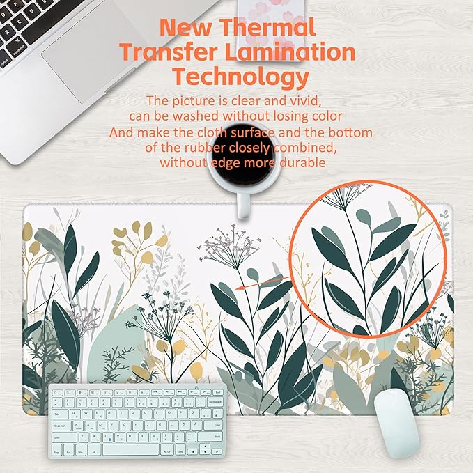 KOAIWPAE Desk Mat, Green Gold Plant Leaves Desk Pad, Wildflowers Large Gaming Mouse Pad for Desk, 31.5"x15.7" Extended Big Computer Keyboard Mouse Pad with Non-Slip Base and Stitched Edge