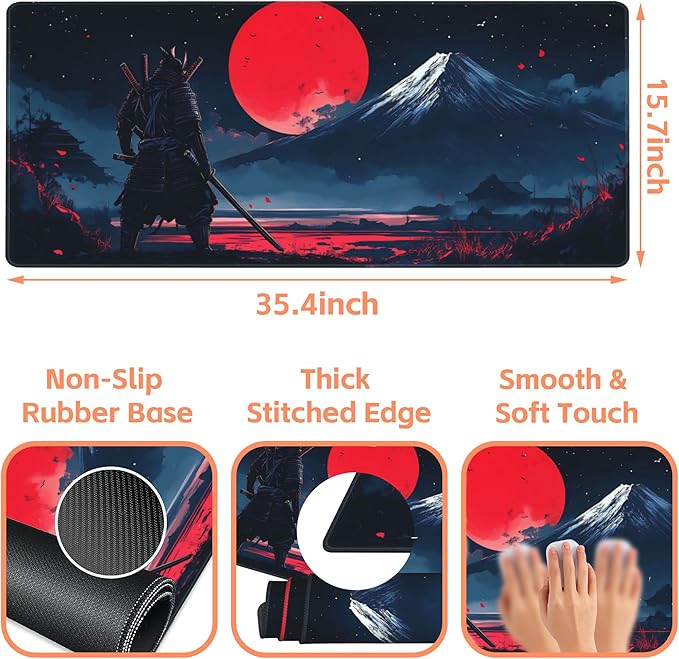 NIYLYNSYN Mouse Pad Large Samurai and Red Moon Non-Slip Game Desk Mat with Stitched Edge Laptop Keyboard Desk Pad for Work Home Gaming (35.4 x 15.7 Inches)