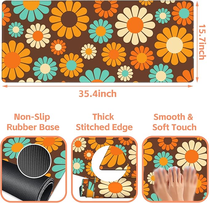 NIYLYNSYN Mouse Pad Large Retro Flower Non-Slip Game Desk Mat with Stitched Edge Laptop Keyboard Desk Pad for Work Home Gaming (35.4 x 15.7 Inches)