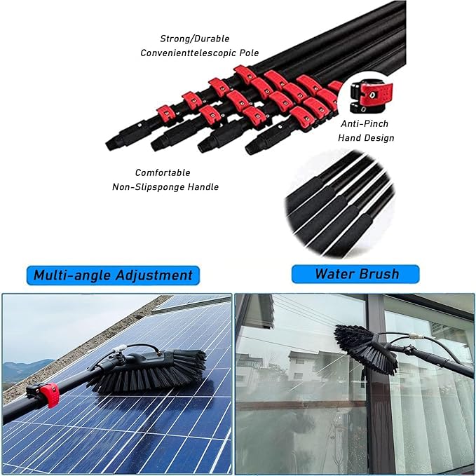 Window Cleaning Wand, Water Feeding Telescopic Brush for Pv Panel Cleaning - 12M/40Ft, Roof Cleaning Tool Window Cleaner Kit,35Cmbrushhead-9M/30Ft,35cmbrushhead,6M/20FT