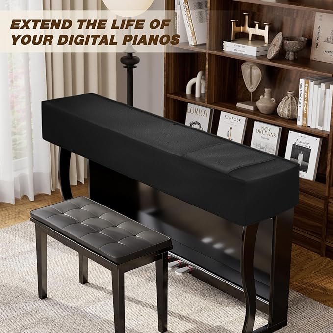 Explore Land 88 Keys Digital Piano Dust Cover with Music Stand Opening and Pockets - Waterproof Leatherette Electronic Keyboard Cover Fits for Most Piano(Black)