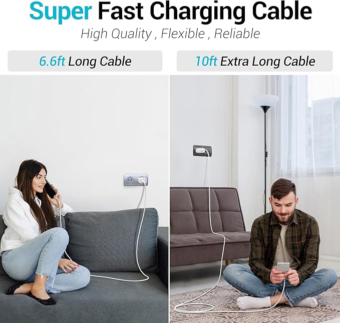 TT&C 30W USB C Fast Charger kit with 10FT & 6.6FT Cables, PD 3.0 Power Wall Block Compatible with iPhone 17, 17e, iPhone Air, 16, 15, Pro Max, & for Galaxy S26 S25 S24 Ultra & iPad Pro (White)
