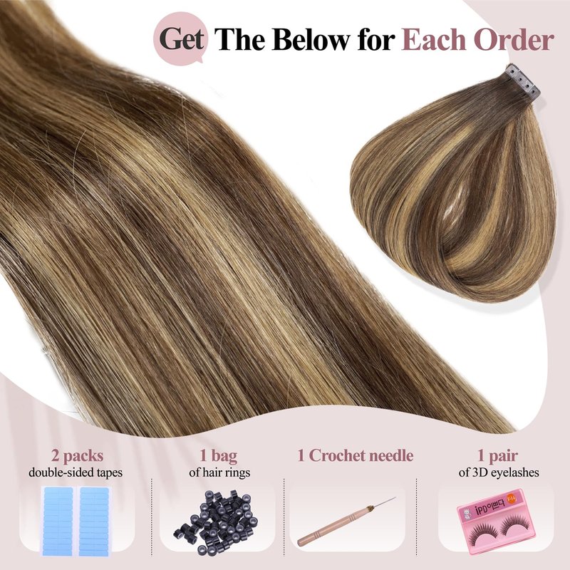 WIGER No Glue No Clips Highlighted Brown Straight Human Hair Extensions Ombre Brown Mixed Blonde Micro Bead Extensions Insert Skin Weft 18 In Balayage Remy Hair Extensions(40g, 20 Pcs)
