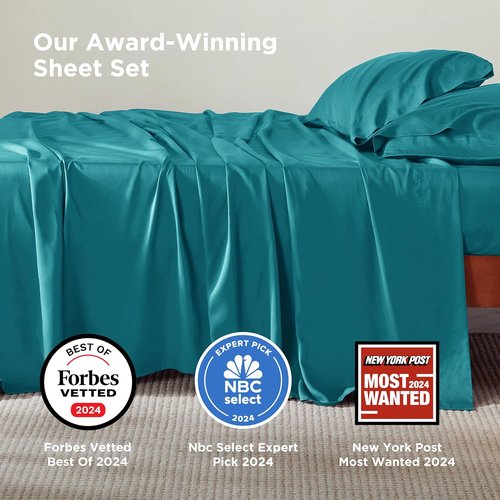 Bedsure Queen Sheet Set - Cooling Rayon Bamboo Sheets | Breathable, Soft & Deep Pocket Up to 16 Inches - Turquoise