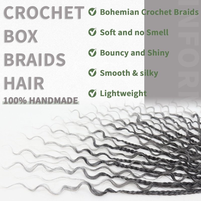 Goddess Box Braids - 7 Packs Grey Crochet Hair with Curly Ends | 14 Inch Bohemian Braiding Extensions 1B/Gray
